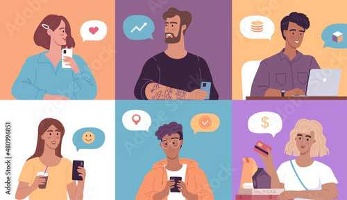 Cartoon people chatting online, characters avatars vector illustration