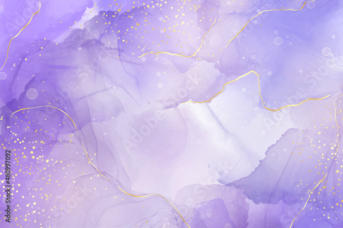 Fotografia Violet lavender liquid watercolor marble background with golden lines