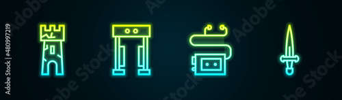 Set line Castle tower, Metal detector, Museum audio guide and Dagger. Glowing neon icon. Vector