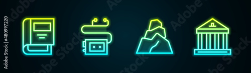 Set line History book, Museum audio guide, Rock stones and building. Glowing neon icon. Vector