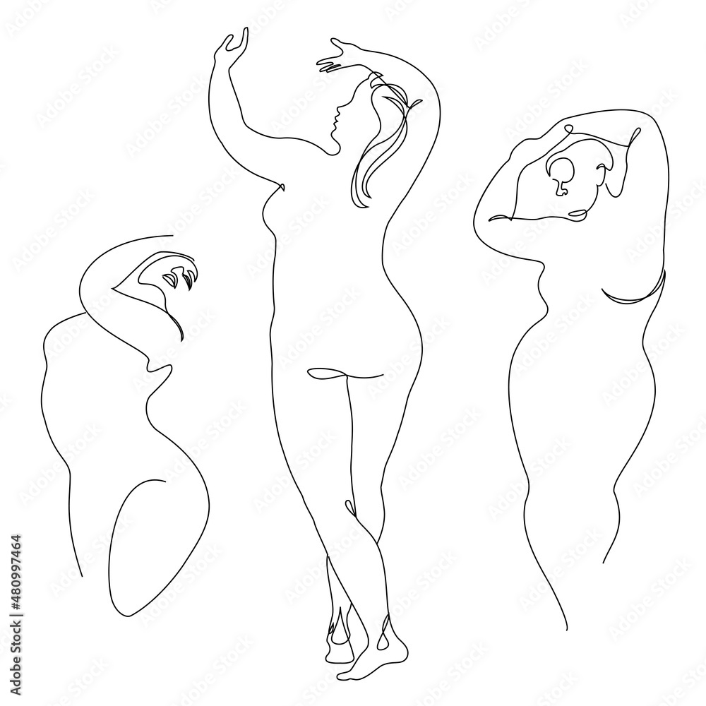 Collection. Beautiful woman figure silhouette in modern single line continuous style. The girl is fat and overweight. The lady is standing. Set of vector illustrations. Collection. Beautiful woman figure silhouette in modern single line continuous style. The girl is fat and overweight. The lady is standing. Set of vector illustrations.