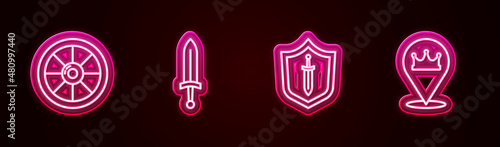 Set line Round wooden shield, Medieval sword, with and Location king crown. Glowing neon icon. Vector