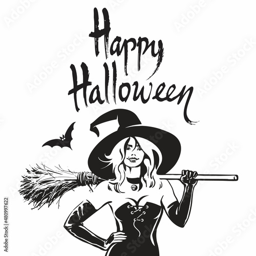 Halloween beautiful sexy witch holding broomstick. Happy Halloween text. Hand drawn vector illustration.