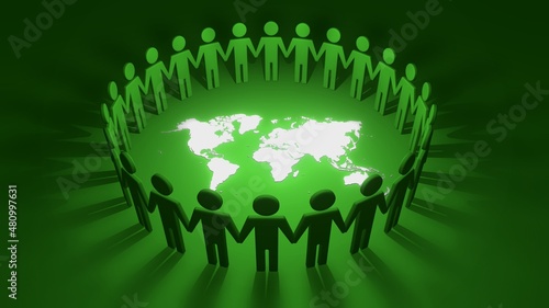 Group of cutout people holding hands together forming a connected circle of alliance and cooperation around white world map on green background. 3D illustration concept of community and togetherness. photo