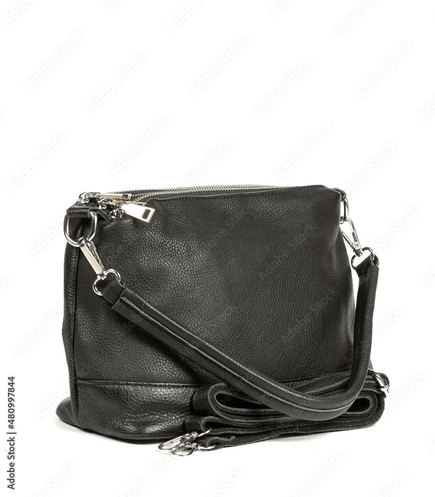 Naklejka premium Classic fashion black leather women's bag on a white background