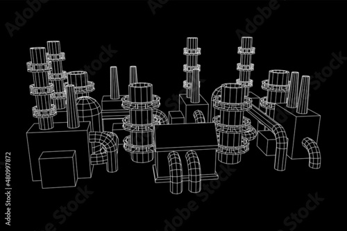 Industrial building factorie facilitie power plant with chimneys. Wireframe low poly mesh vector illustration.