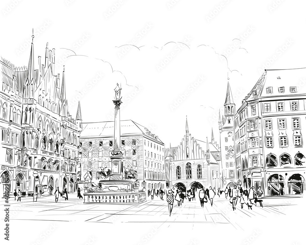 Munich. New town hall. Marienplatz. Germany. Hand drawn sketch. Vector illustration. 