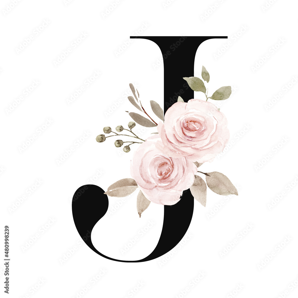 Floral alphabet, letter j with watercolor flowers and leaf. Monogram ...