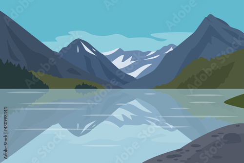 Mountain landscape with a lake or river. Mountain peak and reflection in the water. © Jane