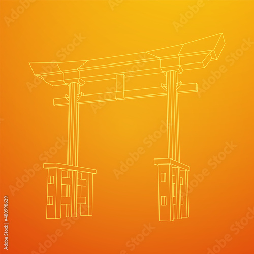 Torii sacred traditional gate. Symbol of Japan,shintoism religion. Japanese Tori arch ancient entrance. Wireframe low poly mesh vector illustration