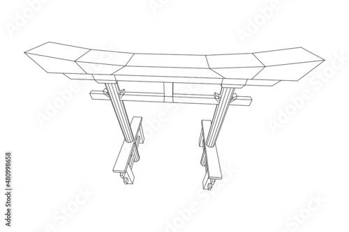 Torii sacred traditional gate. Symbol of Japan,shintoism religion. Japanese Tori arch ancient entrance. Wireframe low poly mesh vector illustration