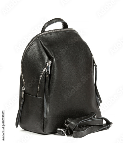 Black leather woman's backpack isolated on white background