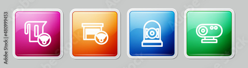 Set line Smart electric kettle, garage, Ringing alarm bell and Web camera. Colorful square button. Vector
