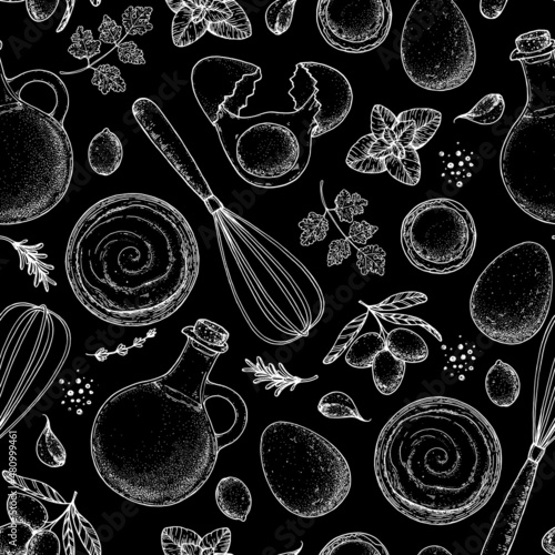 Cooking sauce seamless pattern. Hand drawn sketch background. Design template. Menu background. Cooking food pattern.