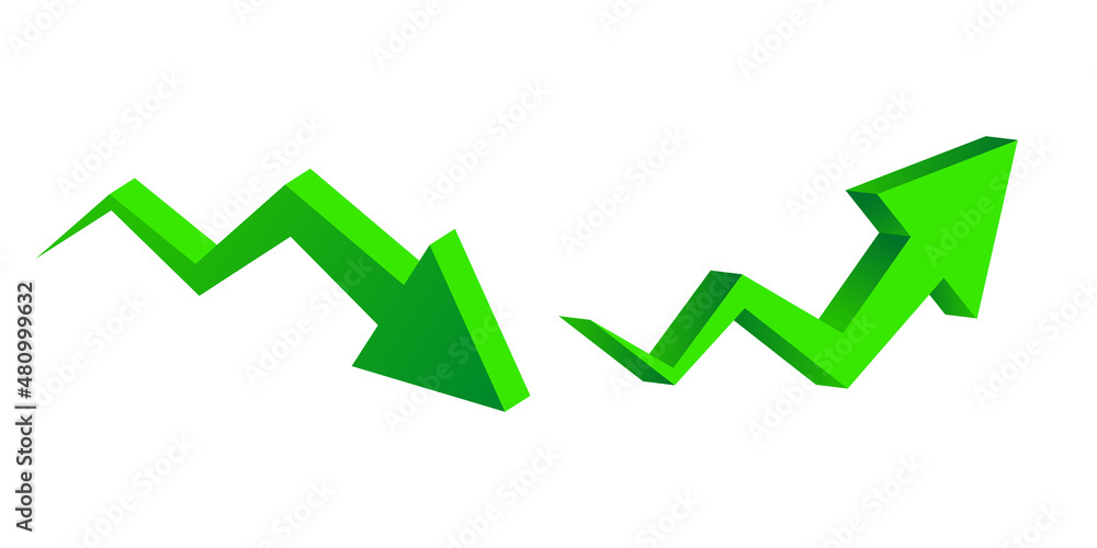 Green up and down arrows. Vector 3d arrow set isolated on white background. Green up and down arrows. Vector 3d arrow set isolated on white background.
