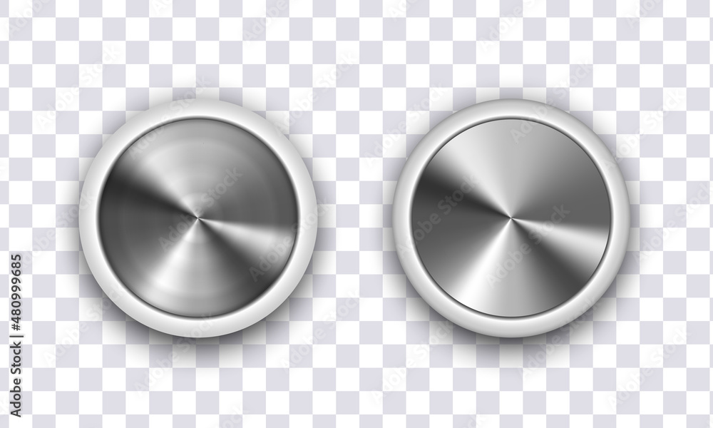 Two metal round buttons. Button with metal edging, isolated on white background. Two metal round buttons. Button with metal edging, isolated on white background.