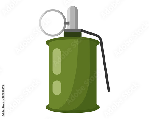 Single combat unexploded green military metal cylinder hand grenade with pin. Concept of terrorism and war.