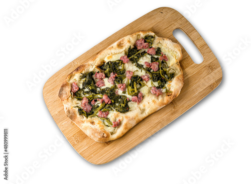 pinza romana with mozzarella cheese, sausage and vegetables