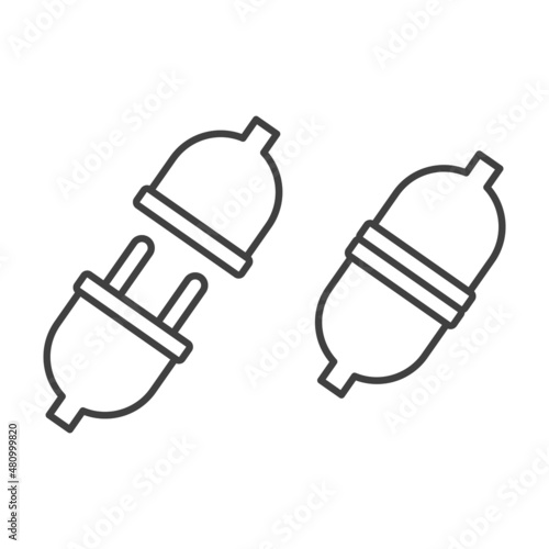 Connected and disconnected wolf and socket icon. A simple line drawing of connected and unconnected electrical appliances in the power grid. Isolated vector on white background.