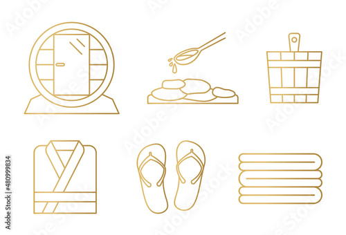 set of golden sauna elements: barrel sauna, hot stones, wooden bucket, bathrobe, flip flops and towels- vector illustration