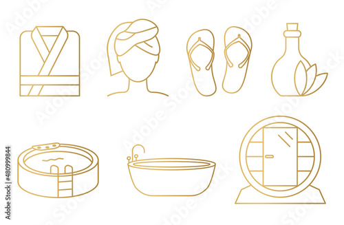 Fototapeta set of golden spa elements: bathrobe, turban towel, flip flops, massage oil, jac