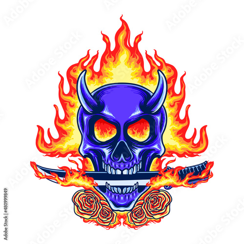 Foto Blue Skull Rose Hellfire Vector Illustration