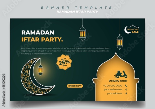 Banner template in green and yellow background with moon and lantern design. Iftar mean is breakfasting.