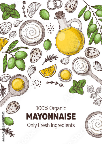 Mayonnaise sauce cooking and ingredients, hand drawn vector illustration. Homemade mayonnaise sauce, design elements. Hand drawn, package design.