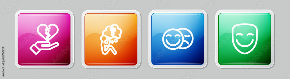Set line Broken heart or divorce, Head with question mark, Comedy and tragedy masks and theatrical. Colorful square button. Vector Set line Broken heart or divorce, Head with question mark, Comedy and tragedy masks and theatrical. Colorful square button. Vector