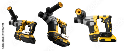 Cordless drill in different angles on a white background