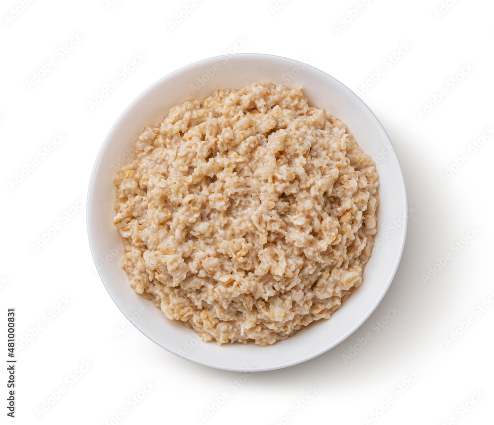 Bowl of oatmeal isolated on white background, top view Bowl of oatmeal isolated on white background, top view