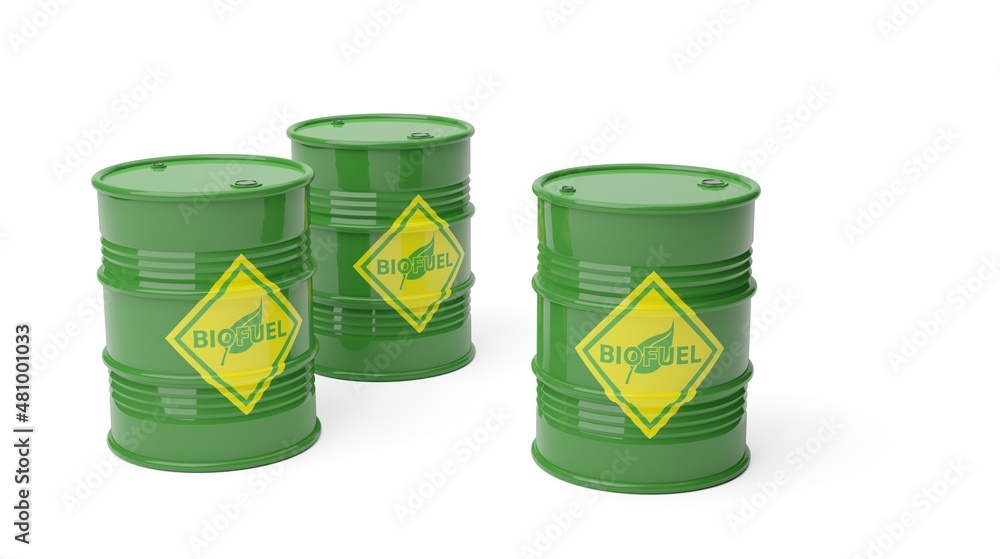 Three green bio fuel or bio diesel barrels over white background, alternative or renewable energy concept Three green bio fuel or bio diesel barrels over white background, alternative or renewable energy concept