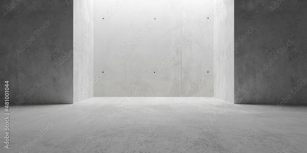 Abstract empty, modern concrete walls room with indirect ceiling light opening in the back - industrial interior background template Abstract empty, modern concrete walls room with indirect ceiling light opening in the back - industrial interior background template