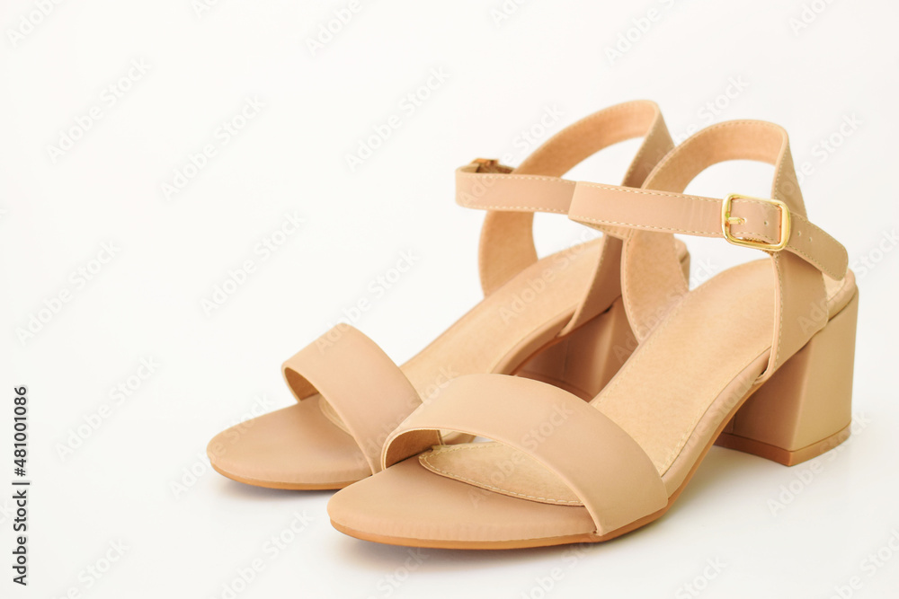 Sandalias de tacón para mujer. Zapatos de fiesta para mujer sobre un fondo  blanco, espacio para texto al lado izquierdo. Stock Photo | Adobe Stock