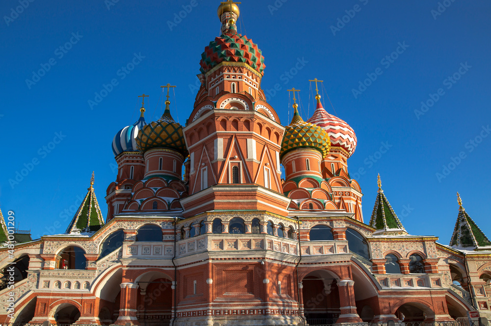 Cathedral of the Intercession of the Blessed Virgin Mary St. Basils Cathedral on Red Square, Moscow, Russia. Old Saint Basils temple is famous tourist attraction of Moscow. Concept of Russian culture 