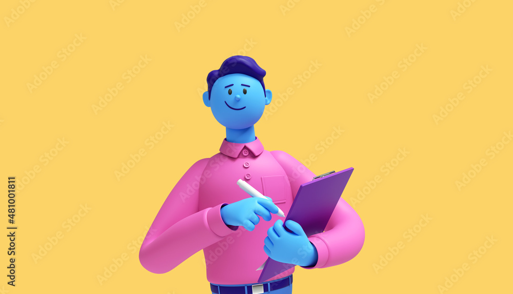 3d render. Cartoon character young man with blue skin wears pink shirt isolated on yellow background. Holds purple clipboard and pen. Signing agreement concept