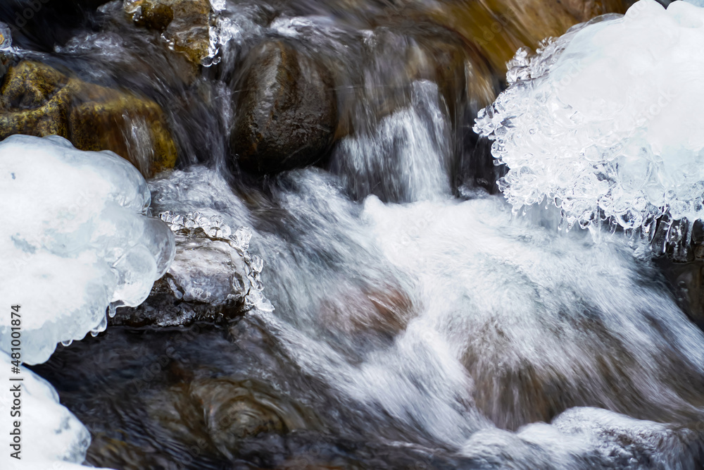 coarse flowing water, frozen current, winter brook	