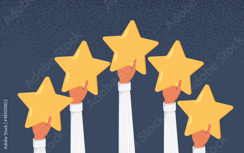 Vector cartoon illustration of Concept of Feedback consumer or customer review evaluation, satisfaction level and critic. Five stars rating style. Hands hold banners with stars on white	
