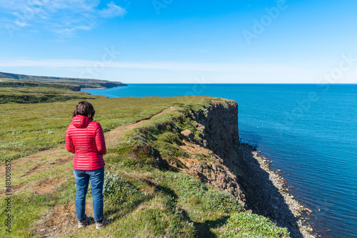 Woman hiker admiring a rugged coast from a clifftop path in Iceland on a sunny summer day