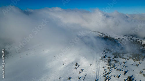 Fresh snow fall on the trees and forests with white clouds in the mountains.