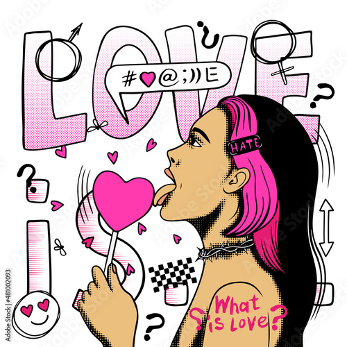 Creative conceptual modern hand drawn doodle art portrait with love and hearts