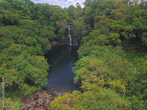 Aerial view of Rivière du Poste waterfall hidden in the south of Mauritius island