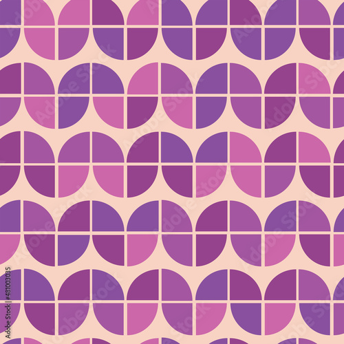 Mid century modern seamless pattern with geometric floral shapes colored in pink and purple. Great for web site background, wallpaper, home décor and textile