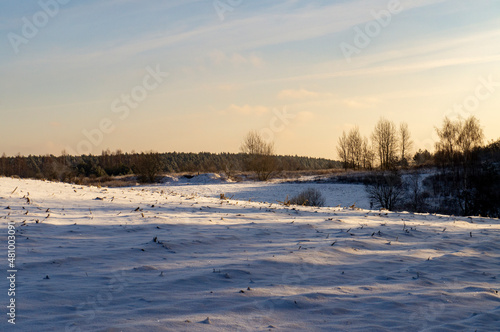 Beautiful snowy winter landscape with white field