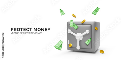 Realistic closed steel safe with falling gold coin and paper currency. Cartoon style of banking concept or reliable transaction service