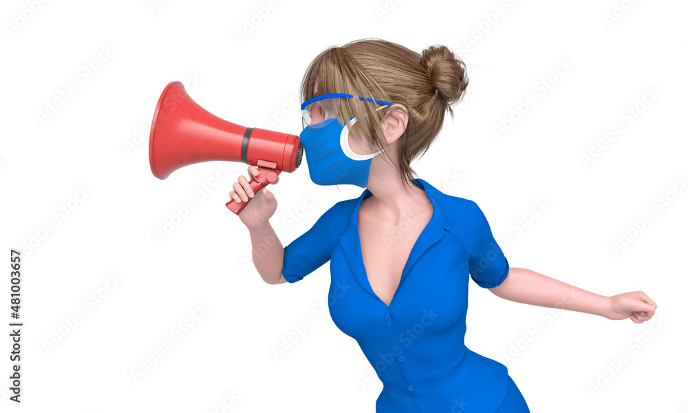 Naklejka premium nurse girl is protesting and talking on the megaphone side view