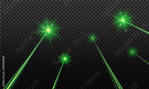 Green laser beam. Laser rays, green lighting effect on transparent black background.