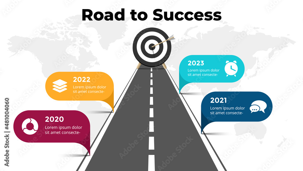 Road to success infographic. Business presentation slide template. Roadmap timeline. World map. Arrow hit the target. Goal diagram. Chart with 4 steps, options, processes.  - obrazy, fototapety, plakaty 