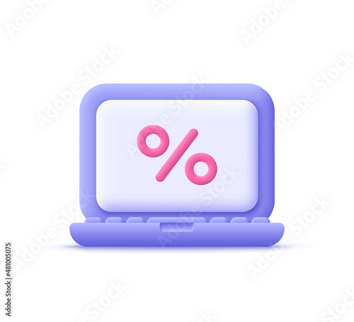 Percent discount laptop. 3d vector icon. Cartoon minimal style.
