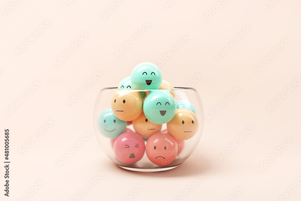 Set of emoji emoticons with sad and happy mood in jar glass, evaluation, Increase rating, Customer experience, Satisfaction and best excellent services rating concept, 3d render. Set of emoji emoticons with sad and happy mood in jar glass, evaluation, Increase rating, Customer experience, Satisfaction and best excellent services rating concept, 3d render.